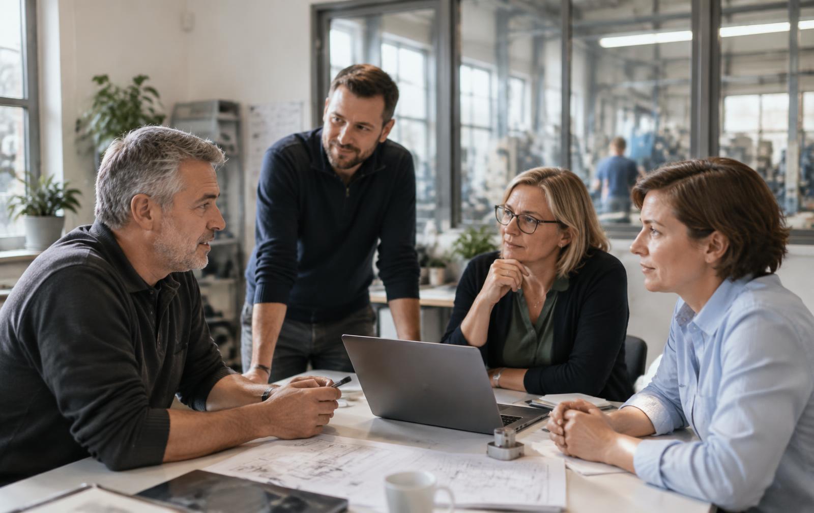 Illustrative Workshopszene: Ein Team tauscht sich am gemeinsamen Arbeitstisch aus.